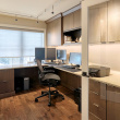 Office ( Full overlay, Rift cut white oak, slab doors, stain & glazed finish, Q quartz top